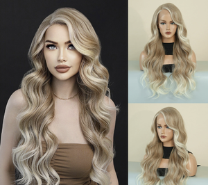 Perruque synthétique longue ondulée de qualité supérieure, résistante à la chaleur, en fibre, ombrée blond platine, avec raie latérale, perruques Lace Front pour femmes - Product Image 3