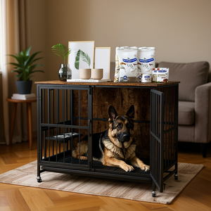 Maison pour chien moderne, marron antique, double porte, en métal, meuble d'intérieur, cage pour animaux de grande race avec plateau amovible - Product Image 2