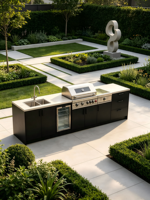 Station de cuisson extérieure modulaire moderne robuste avec pergola et barbecue à gaz 5 brûleurs en acier inoxydable pour usage commercial