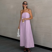 Robe tube mi-longue décontractée d'été en coton et lin avec logo personnalisé, dos ouvert, sans bretelles, dos nu, poche latérale, vêtements pour femmes