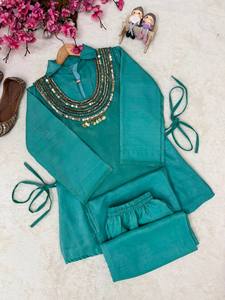 Precio de Fábrica OEM Conjunto Coordinado Premium Verde Mar para Mujer, Ropa Étnica Moderna, Túnica y Pantalones Bordados, Proveedor Mayorista a Granel - Product Image 4
