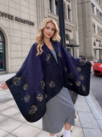 Poncho long réversible pour femme, double face, à motifs floraux et feuilles, style ethnique coréen, en acrylique, chaud, pour l'hiver, châle-cape