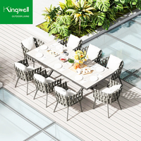 Ensemble de salle à manger de café de jardin en aluminium de luxe de 8 pièces, chaises de table extensibles confortables de 6 places pour les parcs de restaurant de patio extérieur