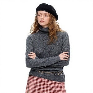 VEGA CHANG Nouveauté Hiver Pull en Laine et <span class=keywords><strong>Cachemire</strong></span> pour Femme Col Roulé Poignets Côtelés Crème et Gris Ensembles Superposés - Product Image 1