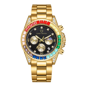 Montre analogique chronographe Caven Denton Rainbow Hollow-Out pour homme, boîtier en alliage doré, lunette en verre sertie de diamants, date luminescente, fermoir caché - Product Image 1