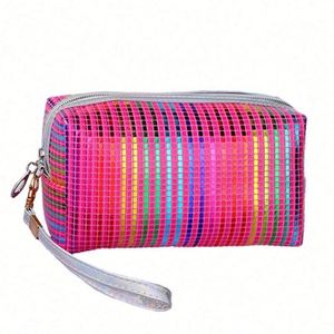 Bolsa de Maquillaje de Viaje Personalizada con Rayas, de Cuero PU Colorido, Organizador de Cosméticos para Mujer, MOQ Bajo - Product Image 1