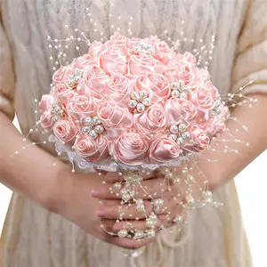 Satén de lujo Multicolor Mariage Eternal Rose Ramo de flores artificiales Seda con perla Nupcial Mano Flor Decoración de la boda