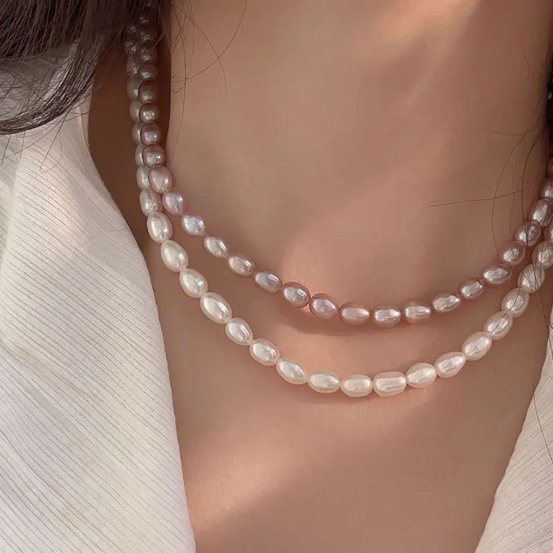 Carline 2024 minimalis Bebas nikel beras air tawar mutiara kalung trendi halus warna perak S925 hadiah perhiasan untuk wanita ibu