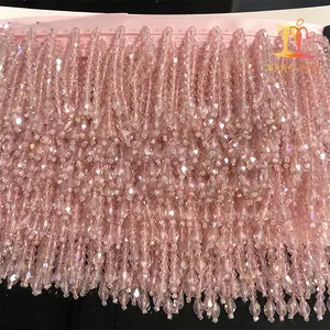 Wholesale cheap hand made craft 6 cm crystal Pink tassel & fringe beaded trimming