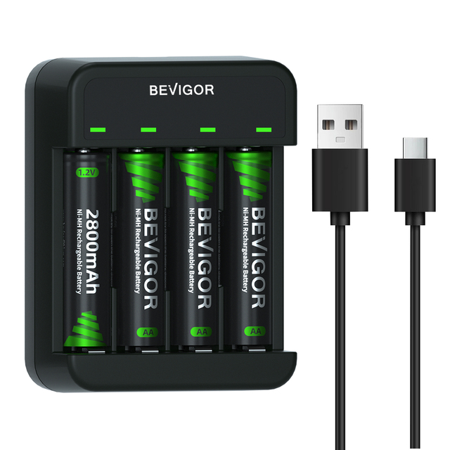 BEVIGOR Electric 4-Slot Battery Charger C 10W Output Power QC3.0 Function 4pcs 2800mah 1.2V NiMH AA Battery EU Socket 5V/2A