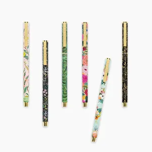 Luxo ouro elegante elegante metal gel rollerball caneta impressão floral personalizado caneta para as mulheres gift set