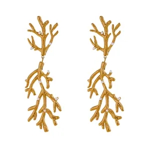 JINYOU 3887 Trendy Stainless Steel Metal Coral Pearl Drop Dangle Earrings Gold Color Statement Fashion Jewelry Summer 2024
