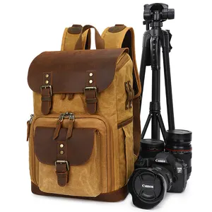 Vintage Travel Trendy Photography Package Camera Lens Bag Waterproof Durable Waxed Canvas Camera Backpack Camera Case for DSLR