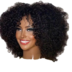 UBeautyhair - Peluca de Cabello Humano Rizado Brasileño Mediano con Monofilamento, Color Marrón Claro Natural, Virgen Remy, con Flequillo, Hecha a Máquina - Product Image 1