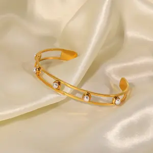 ROMANTIC 18K Gold Plated Chunky C Shape Bangle Titanium Stainless Steel Pearl Bangle Bracelets