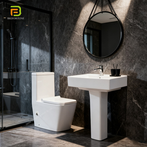 Toilettes sanitaires modernes, toilettes une pièce carrées et évier sur pied, ensemble de toilettes en céramique noire - Product Image 4