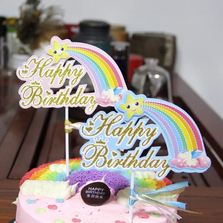 Pafu Perlengkapan Pesta Ulang Tahun Anak, Topper Kue Unicorn Pelangi Awan Pelangi Selamat Ulang Tahun Dekorasi Anak
