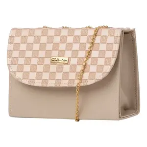 Bolso Bandolera Beige para Mujer, Marca Fana, Diseño a Cuadros, PU, con Cadena Decorativa, Estilo Bohemio, para Uso Diario - Product Image 3