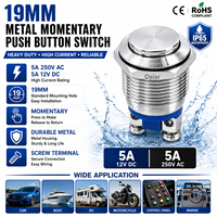 Interrupteur à bouton-poussoir momentané en métal de 19 mm, 5A 250V AC, interrupteur à bouton-poussoir robuste pour voiture, bateau, camping-car