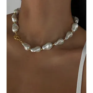 Kleine Gold perlen Große Barock Perlenkette Unregelmäßige Bar Kreis Kipp verschluss Halsketten Vintage Übertreibung Statement Schmuck