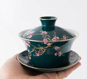 Hand-Painted Traditional Chinese Crane Rose Porcelain Gaiwan Set Green Lacquer <b>Tea</b> Bowl Saucer Infuser-Heat-Resistant <b>Tea</b> Set - Product Image 1