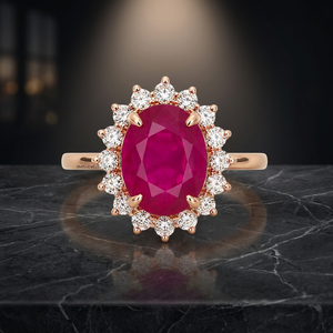 Bague de mariage ovale de luxe avec halo de rubis et accents de diamants pour femme, or 10K 14K 18K, argent 925 935 plaqué rhodium, bijoux fins - Product Image 1