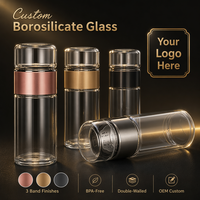 Bouteille d'eau moderne en verre borosilicate sans BPA avec logo personnalisé, double paroi, bouchon à paille et infuseur à thé – Vente en gros de vaisselle et articles de boisson