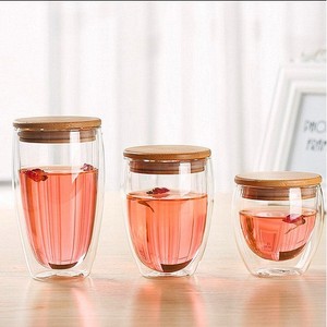 Tasses en verre à double paroi avec couvercles en bambou, tasses à café et à dessert isolantes thermiquement, transparentes pour les fêtes, unisexes - Product Image 1