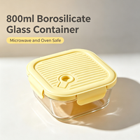 Conteneur alimentaire carré en verre borosilicate de 800 ml avec couvercle jaune à fermeture hermétique, compatible micro-ondes, pour la préparation des repas