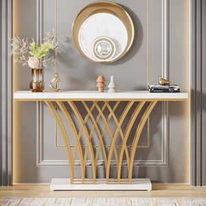 <span class=keywords><strong>Table</strong></span> <span class=keywords><strong>console</strong></span> de luxe FYZK en or, plateau en faux marbre, base en métal à grille miroir, meubles d'entrée et de couloir, OEM - Product Image 1