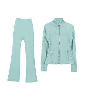 Conjunto de Yoga de 2 Piezas con Bolsillos con Doble Cremallera, Chaqueta de Manga Larga con Cremallera Completa y Pantalones Acampanados, Traje Deportivo para Mujer - Product Image 1