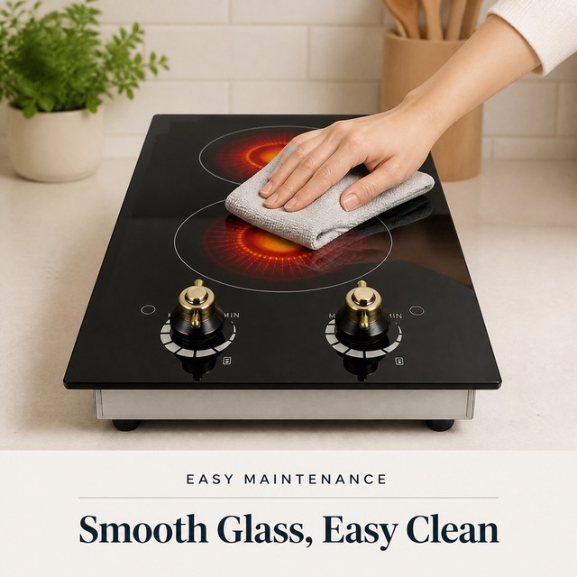 Retro Design Dual Zone Ceramic Cooker, Black Tempered Glass Electric Stove with Brass Rotary Control, Easy Clean Cooktop