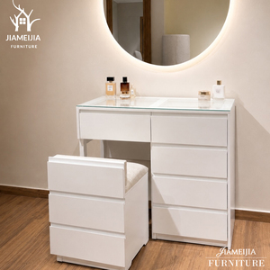 Coiffeuse blanche laquée à <span class=keywords><strong>8</strong></span> <span class=keywords><strong>tiroirs</strong></span> pour maquillage avec tabouret dissimulé intégré, plateau en verre, mobilier de chambre OEM - Product Image 1