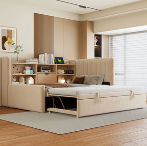 Modern Velvet Twin Size Adjustable Upholstered Daybed with Trundle <b>Storage</b> Shelves <b>USB</b> & Outlet (Beige) Bedroom Furniture - Product Image 4