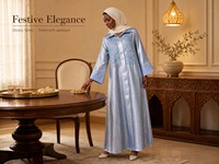 YSYL Vêtement islamique en polyester brillant avec broderie florale 3D, revers et poignets larges contrastants pour l'Aïd, les mariages et les occasions formelles
