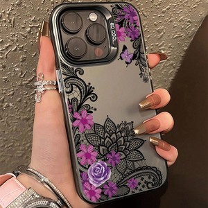 <span class=keywords><strong>Coque</strong></span> de téléphone OEM d'usine pour femmes, motif floral en dentelle, pour <span class=keywords><strong>iPhone</strong></span> 17 16 15 14 13 <span class=keywords><strong>12</strong></span> 11 Pro, noir, violet, mat, laser, métallique, Funda - Product Image 3