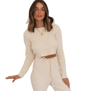 Wholesale Custom Logo Cotton Blend Women 2 Pieces Sets Solid Color Ribbed High-Quality Crew Neck 7gg Winter Warm Chunky Knitwear