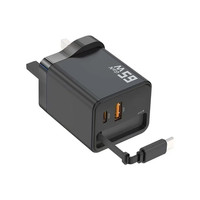 Adaptor Charger USB 65W PD QC3.0 dengan Kabel USB Bahan Gan yang Dapat Ditarik, Kompatibel untuk iPhone, Samsung, Ponsel, dan Laptop