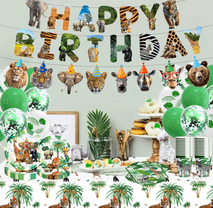 Ensemble de vaisselle et décorations pour fête d'<span class=keywords><strong>anniversaire</strong></span> sur le thème de la jungle et de la faune : assiettes, gobelets, serviettes, nappes, bannières, guirlandes, ballons en latex - Product Image 2