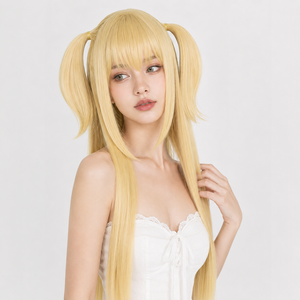<span class=keywords><strong>Peluca</strong></span> de Cosplay con Cola de Caballo Doble Larga y Lisa, Color Rubio Claro, con Flequillo, Resistente al Calor, Cabello Sintético para Mujer, Venta al Por Mayor Directo de Fábrica - Product Image 6