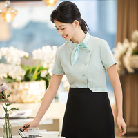 Nouvelle chemise de travail unisexe en polyester à boutons, manches courtes, pour l'été, idéale pour les serveurs, les salons de thé, les restaurants occidentaux et la restauration rapide.