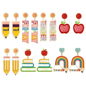 Fashion Jewelry Teacher Gift Candy Color Rice Beads Pencil Apple Pendant Earrings