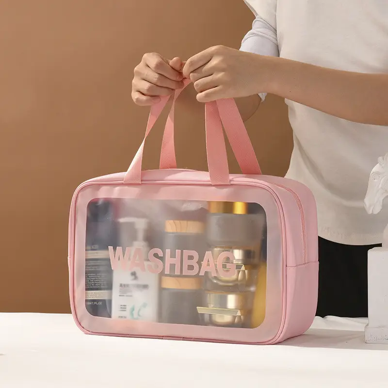 Custom Logo PU PVC Waterproof Trip Travel Pouch Kits Women Luxury Beauty Makeup Bag Girl Travel Clear Pink Cosmetic Bags