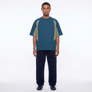 Camiseta de Manga Corta con Cuello Redondo para Hombre, Corte Holgado, Diseño Color Block, Tejido de Punto, 100% Algodón, Antiarrugas, Transpirable, Casual, Azul - Product Image 1