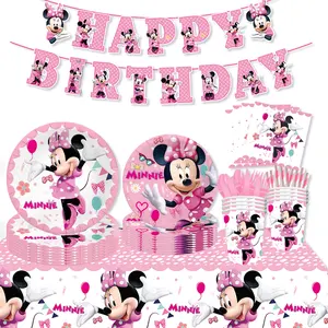 Vajilla desechable de papel para fiesta de cumpleaños de Minnie Mouse, platos y vasos de papel para fiesta de niñas, servicio personalizado
