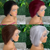 Perruque Courte Droite en Cheveux Humains Pas Chère, Perruque Frontale HD Sans Colle, Perruques en Cheveux Humains avec Dentelle Frontale, Perruque Pixie Cut en Dentelle pour Femmes Noires