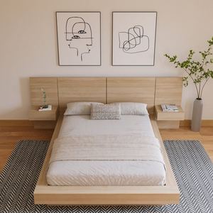 Base de Cama <span class=keywords><strong>Flotante</strong></span> de Madera Maciza con Cabecera Integrada y Estantes Laterales, Acabado en Chapa de <span class=keywords><strong>Roble</strong></span> <span class=keywords><strong>Natural</strong></span>, Diseño Minimalista - Product Image 3