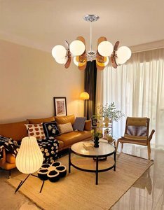 Lustre Bauhaus Magic Bean à 8 lumières, suspension rétro avec pales en <span class=keywords><strong>teck</strong></span> et acrylique, verre blanc pour salon, salle à manger, éclairage moderne - Product Image 5