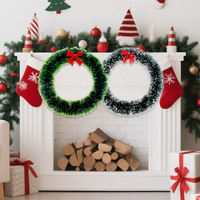 LINGKAI 38CM Grün-Weißer Rand Schleife Dichter Ringfellstreifen Weihnachtskranz Girlande für Feiertags-Türdekoration