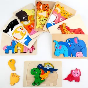 Kustom teka-teki hewan Jigsaw kartun kayu 3D mainan prasekolah edukasi Puzzle kognitif mainan kayu untuk anak-anak